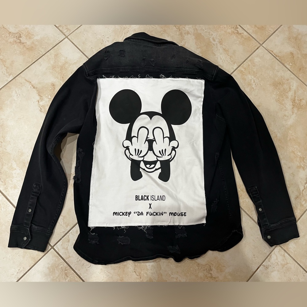 *NEW* Black Island Denim Jacket with Mickey Mouse Photo on Back (Size Large)
